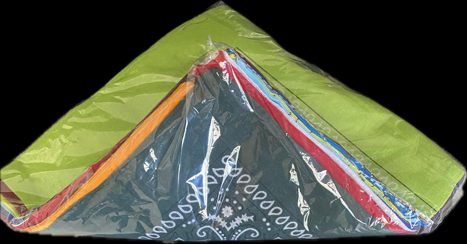 12-pack colorful bandanas in plastic packaging
